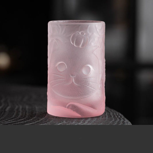 Lucky Cat Embossed Art Glass Cup