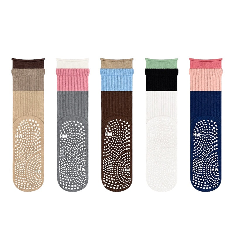 Colorblock Rolled-Cuff Grip Socks for Yoga & Pilates