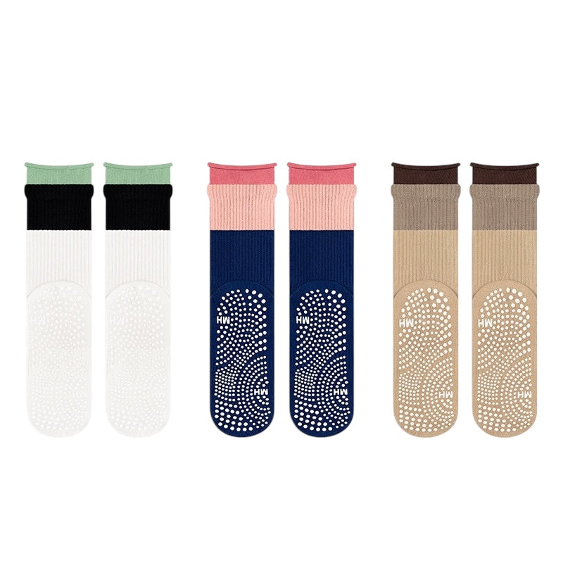 Colorblock Rolled-Cuff Grip Socks for Yoga & Pilates