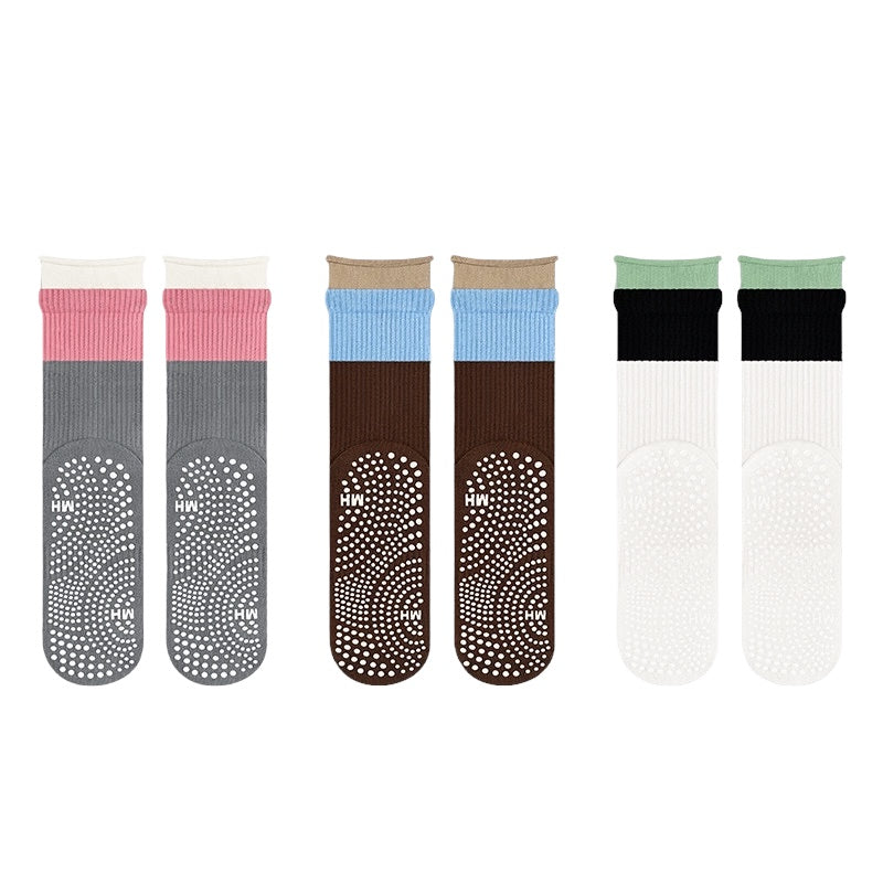 Colorblock Rolled-Cuff Grip Socks for Yoga & Pilates
