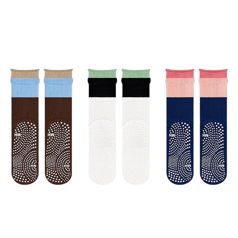 Colorblock Rolled-Cuff Grip Socks for Yoga & Pilates