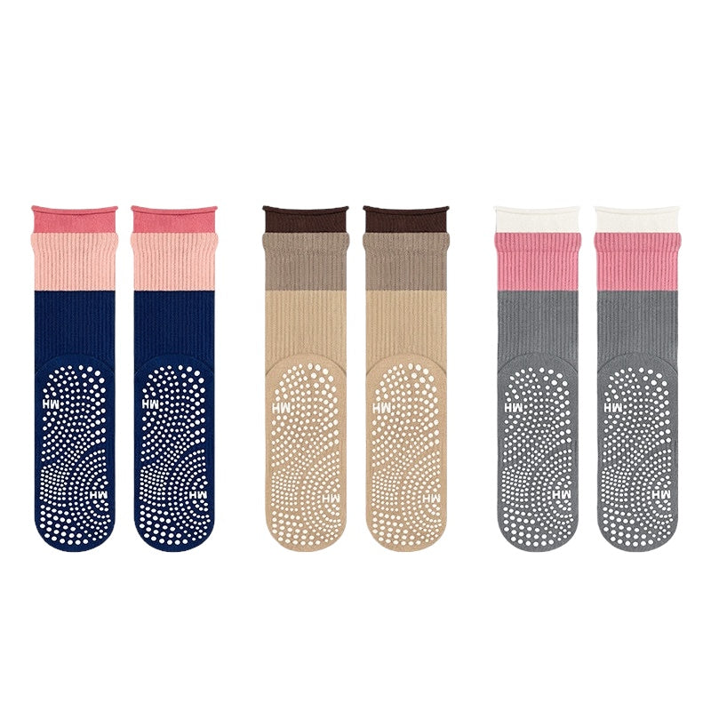 Colorblock Rolled-Cuff Grip Socks for Yoga & Pilates