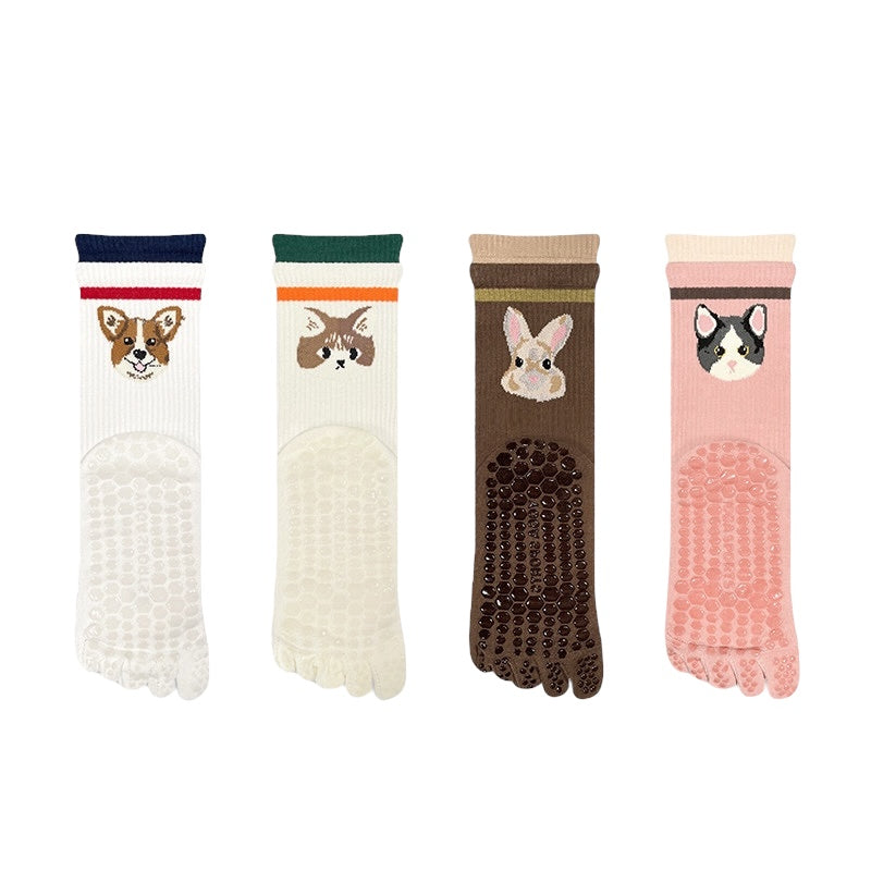 Cute Pet Non-Slip Five-Toe Pilates & Yoga Crew Grip Socks