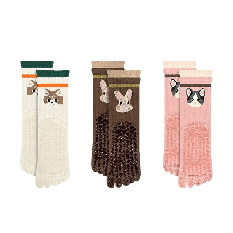 Cute Pet Non-Slip Five-Toe Pilates & Yoga Crew Grip Socks