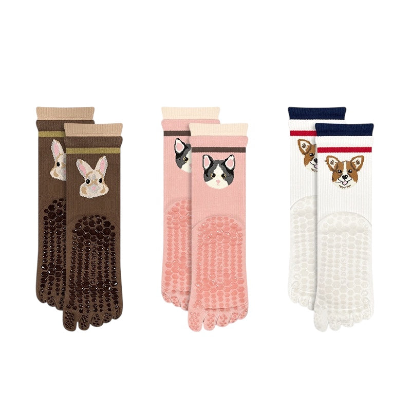 Cute Pet Non-Slip Five-Toe Pilates & Yoga Crew Grip Socks