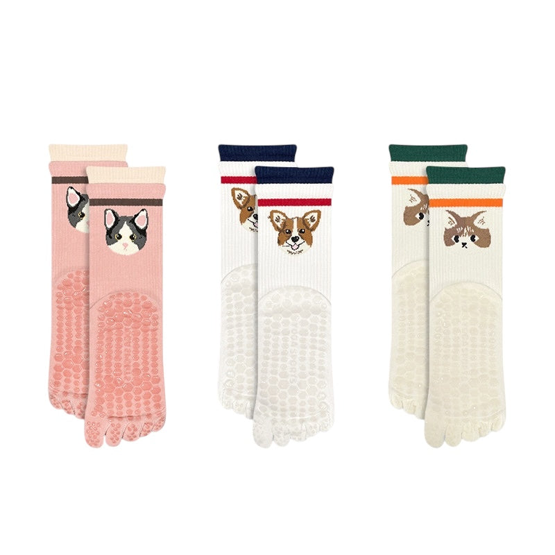 Cute Pet Non-Slip Five-Toe Pilates & Yoga Crew Grip Socks