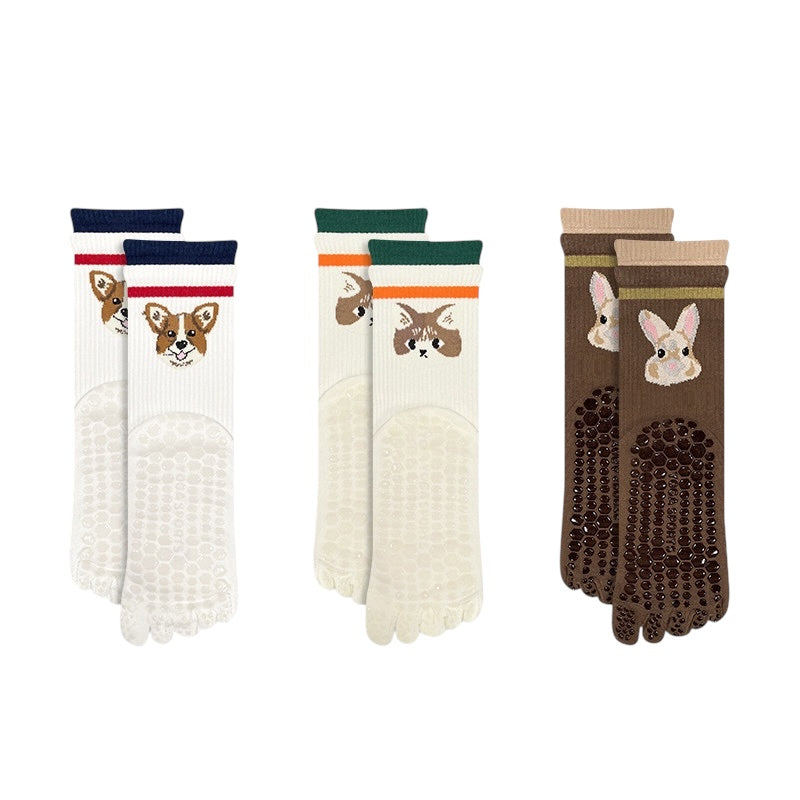 Cute Pet Non-Slip Five-Toe Pilates & Yoga Crew Grip Socks
