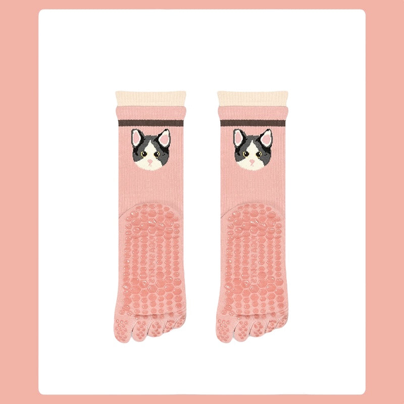 Cute Pet Non-Slip Five-Toe Pilates & Yoga Crew Grip Socks