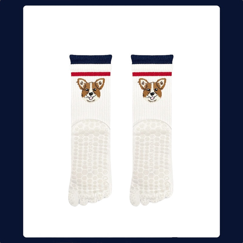 Cute Pet Non-Slip Five-Toe Pilates & Yoga Crew Grip Socks