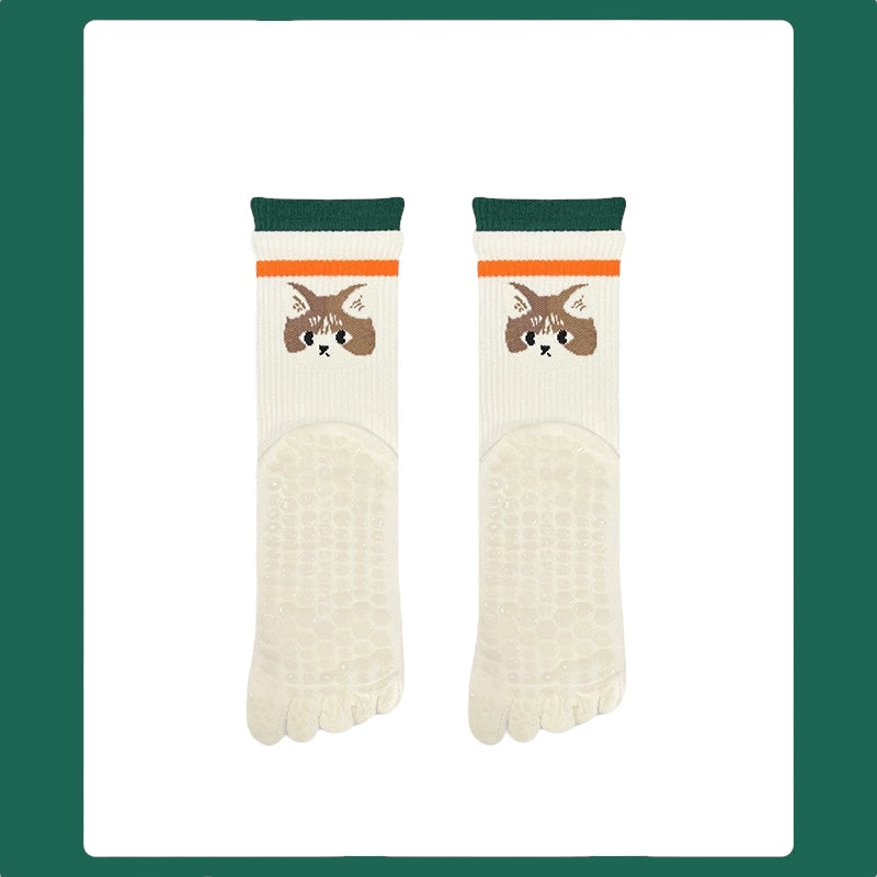 Cute Pet Non-Slip Five-Toe Pilates & Yoga Crew Grip Socks