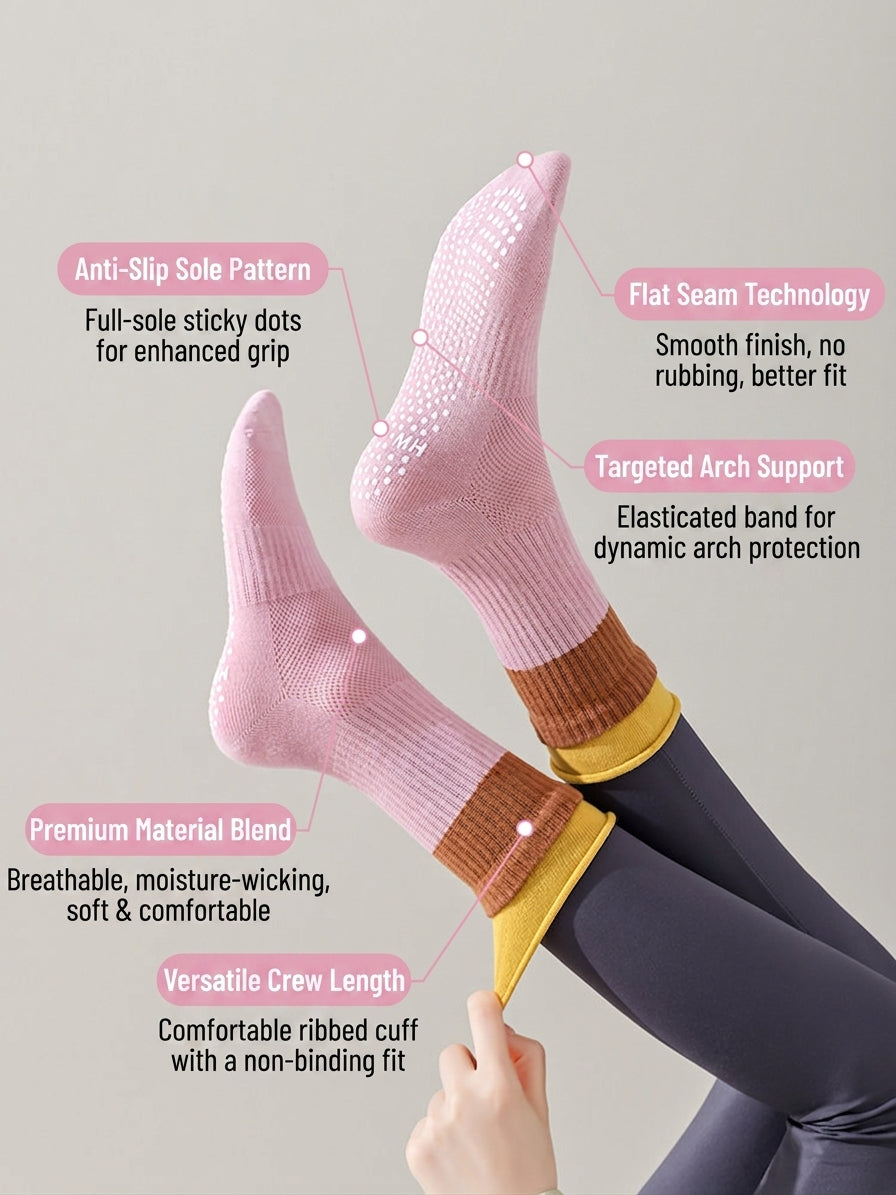 Colorblock Rolled-Cuff Grip Socks for Yoga & Pilates