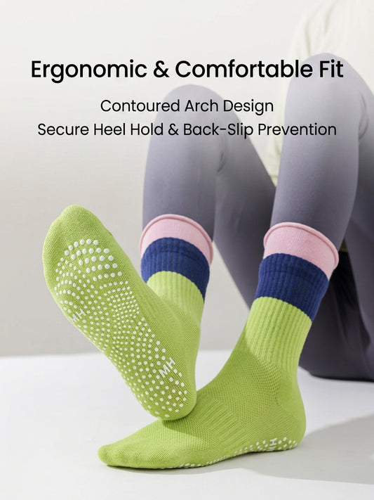 Colorblock Rolled-Cuff Grip Socks for Yoga & Pilates