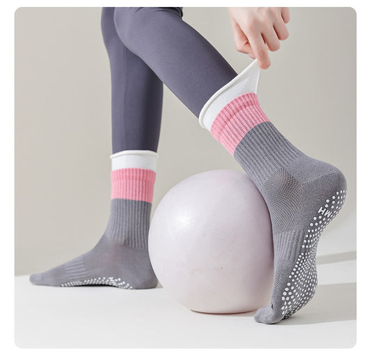 Colorblock Rolled-Cuff Grip Socks for Yoga & Pilates