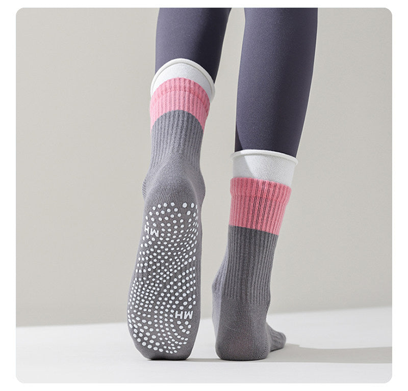 Colorblock Rolled-Cuff Grip Socks for Yoga & Pilates