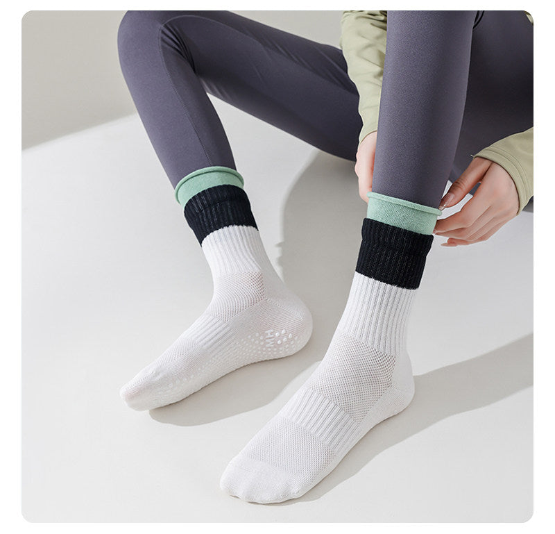 Colorblock Rolled-Cuff Grip Socks for Yoga & Pilates