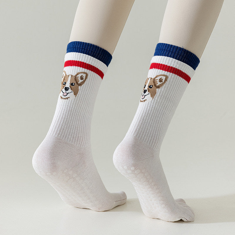 Cute Pet Non-Slip Five-Toe Pilates & Yoga Crew Grip Socks