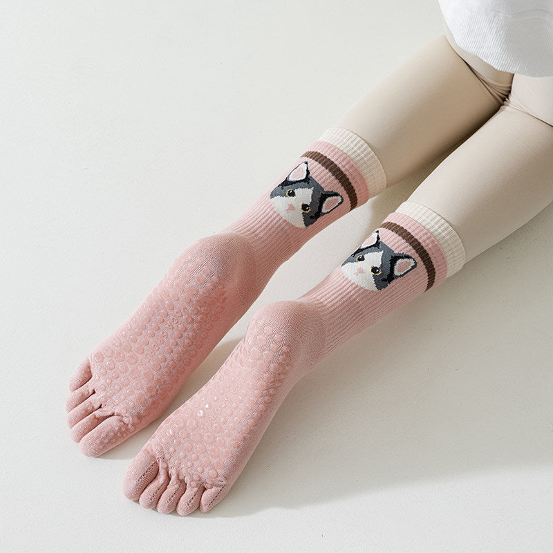 Cute Pet Non-Slip Five-Toe Pilates & Yoga Crew Grip Socks